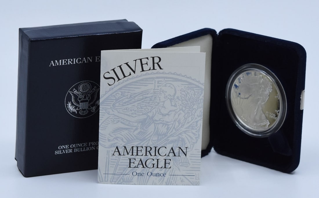 Proof 2001-W Silver American Eagle Dollar with Original Government Packaging: Proof 2001-W Silver American Eagle Dollar with Original Government Packaging This 2001-W $1 American Proof Silver Eagle features 1 oz of .999 fine silver and comes in its original government packaging