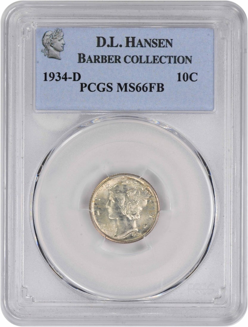 1934-D Mercury Dime MS66FB PCGS 90% Silver Uncirculated: 1934-D Mercury Dime MS66FB PCGS 90% Silver Uncirculated This 1934-D Mercury Silver Dime is an exquisite example of U.S. coinage, graded MS66FB by PCGS. Struck in Denver, this uncirculated coin showcas