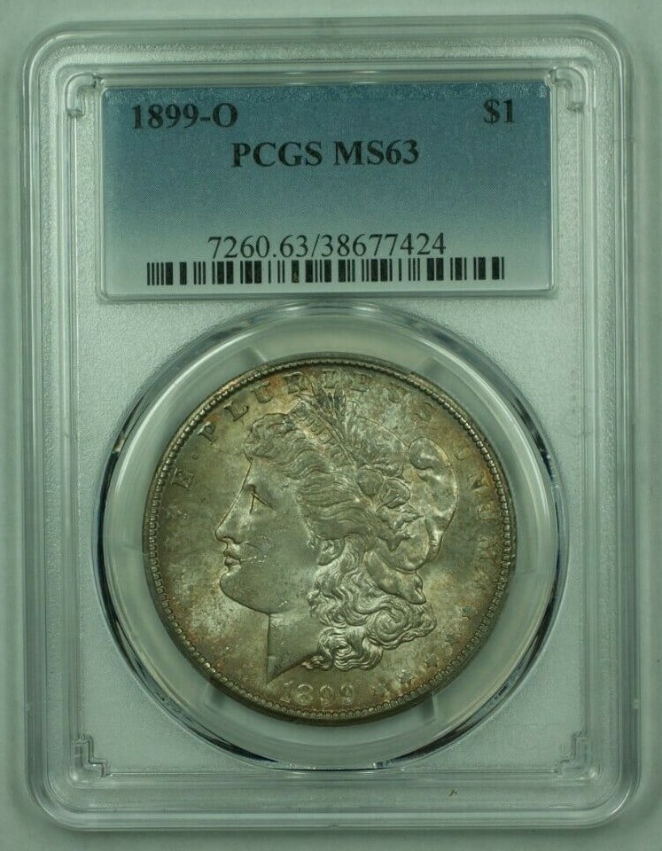 PCGS MS-63 1899-O Morgan Silver Dollar Toned Uncirculated Coin: PCGS MS-63 1899-O Morgan Silver Dollar Toned Uncirculated Coin This 1899-O Morgan Silver Dollar is certified by PCGS with a grade of MS-63 and features attractive toning. Struck at the New Orleans Min