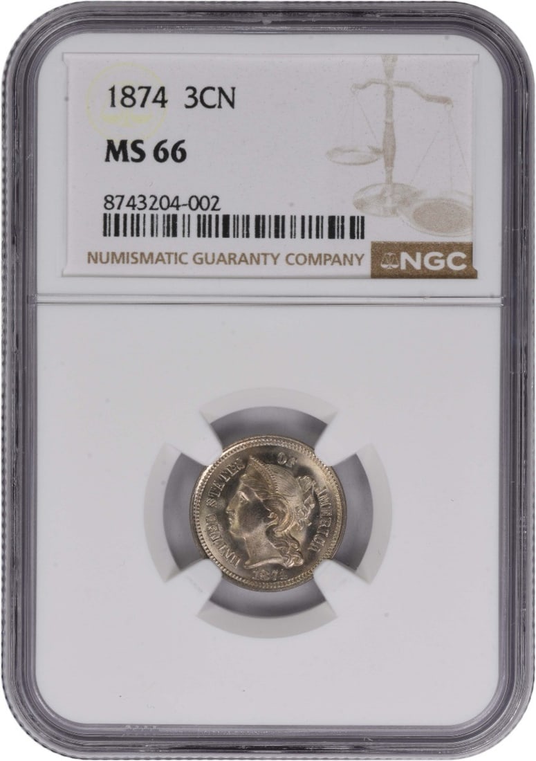 MS66 NGC Graded 1874 Three Cent Nickel Coin United States: MS66 NGC Graded 1874 Three Cent Nickel Coin United States This 1874 Three Cent Nickel coin is graded MS66 by NGC, indicating an uncirculated and high-quality specimen. Struck in Philadelphia, it featu