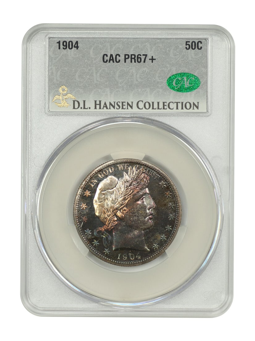 1904 Barber Half Dollar PR67+ CACG D.L. Hansen Uncirculated 50C: 1904 Barber Half Dollar PR67+ CACG D.L. Hansen Uncirculated 50C This 1904 Barber Half Dollar is a stunning example, certified by CACG with a PR67+ grade. It features a proof mintage of only 670 pieces