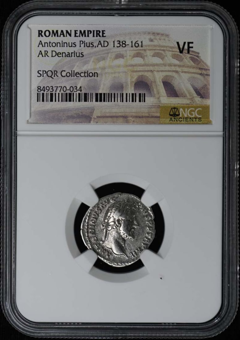 Roman Empire Silver Denarius Antoninus Pius NGC VF: Roman Empire Silver Denarius Antoninus Pius NGC VF This Roman Empire AR Denarius dates from the reign of Antoninus Pius, AD 138-161. Certified by NGC with a VF (Very Fine) grade, this coin originates
