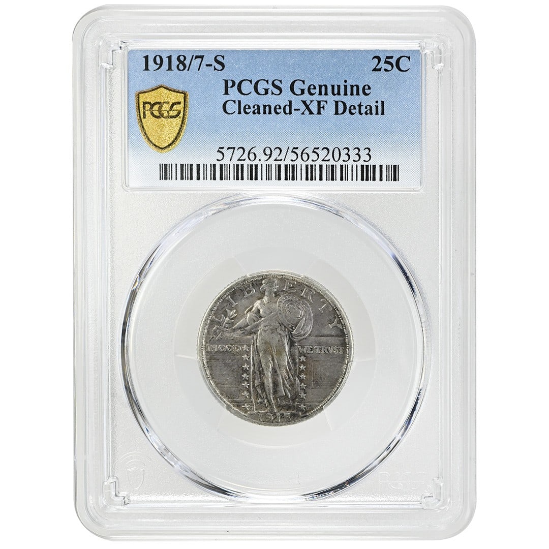Standing Liberty Quarter 1918 Over 7 San Francisco PCGS Genuine Silver 25C: Standing Liberty Quarter 1918 Over 7 San Francisco PCGS Genuine Silver 25C This is a 1918/7-S Standing Liberty Quarter, a rare coin minted in San Francisco. It is composed of silver, has a denominatio