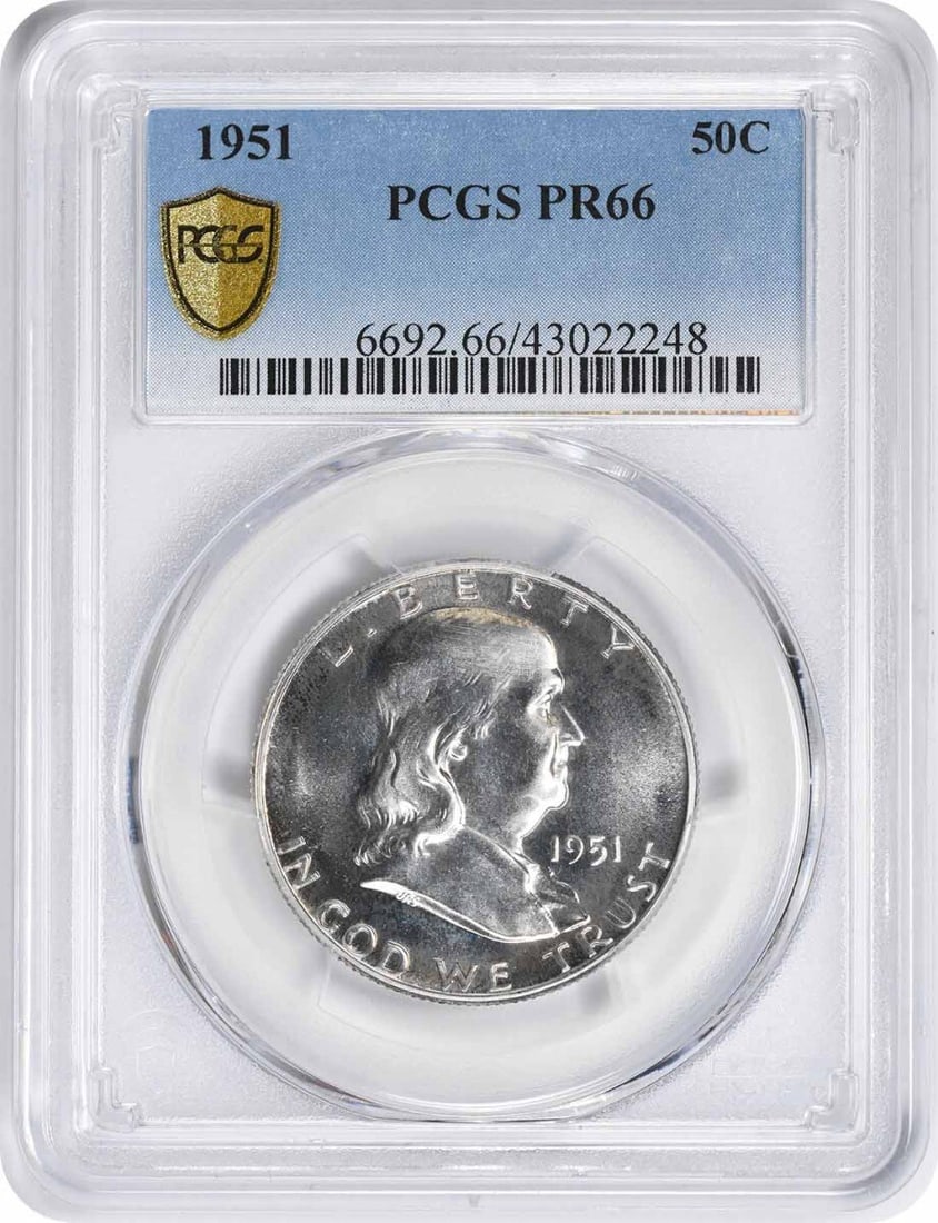 1951 Franklin Half Dollar PR66 PCGS Proof 90% Silver Rare Coin: 1951 Franklin Half Dollar PR66 PCGS Proof 90% Silver Rare Coin This 1951 Franklin Half Dollar features a pristine PR66 grade from PCGS, ensuring its high quality for collectors. Struck in Philadelphia