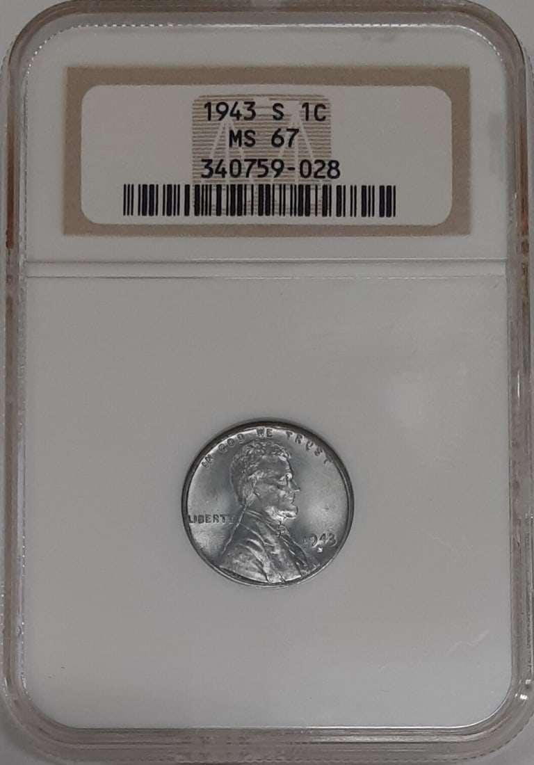 NGC MS 67 San Francisco 1943-S Lincoln Steel Wheat Cent: NGC MS 67 San Francisco 1943-S Lincoln Steel Wheat Cent This is a 1943-S Lincoln Wheat Steel Cent graded MS-67 by NGC. Struck at the San Francisco Mint, this uncirculated small cent is composed of ste