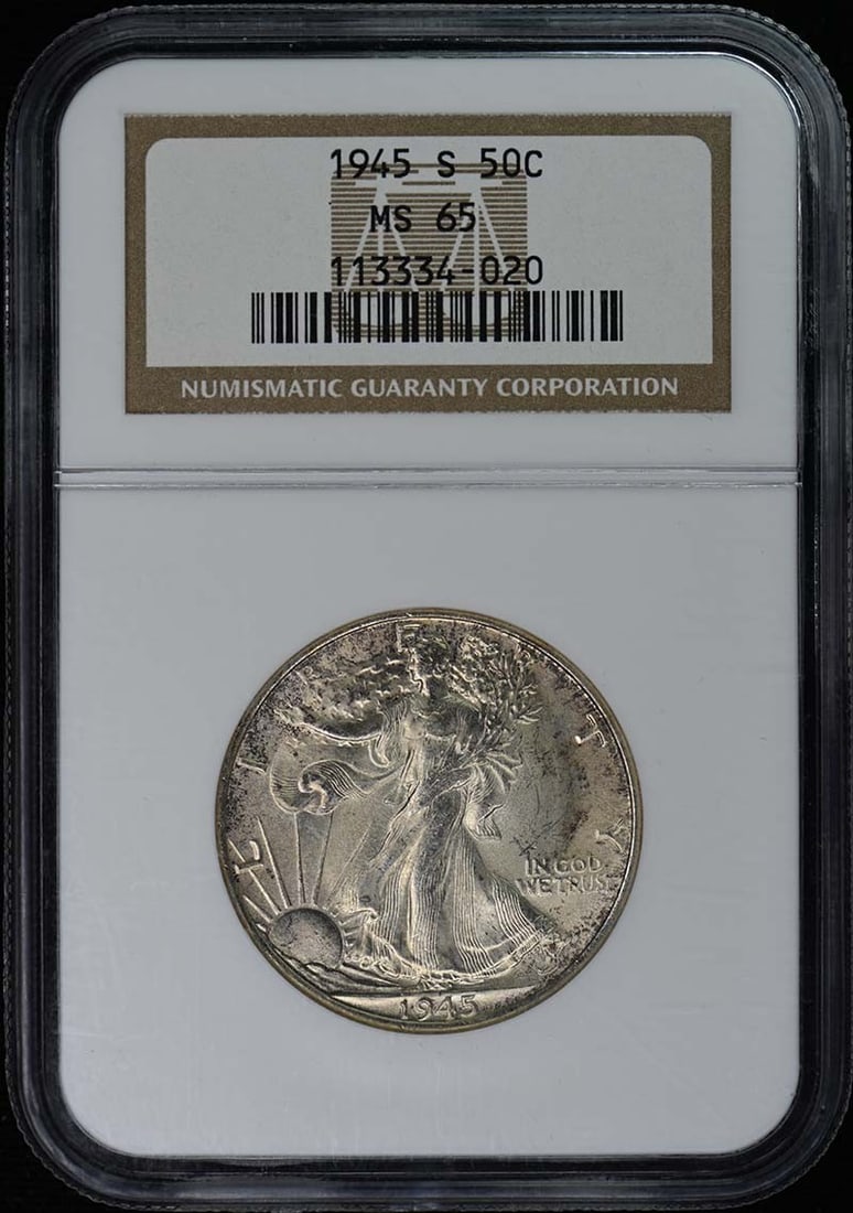 1945-S Walking Liberty Half Dollar NGC MS65 Uncirculated: 1945-S Walking Liberty Half Dollar NGC MS65 Uncirculated This 1945-S Walking Liberty Half Dollar is a stunning example of American coinage, certified by NGC with a grade of MS65, indicating its uncirc