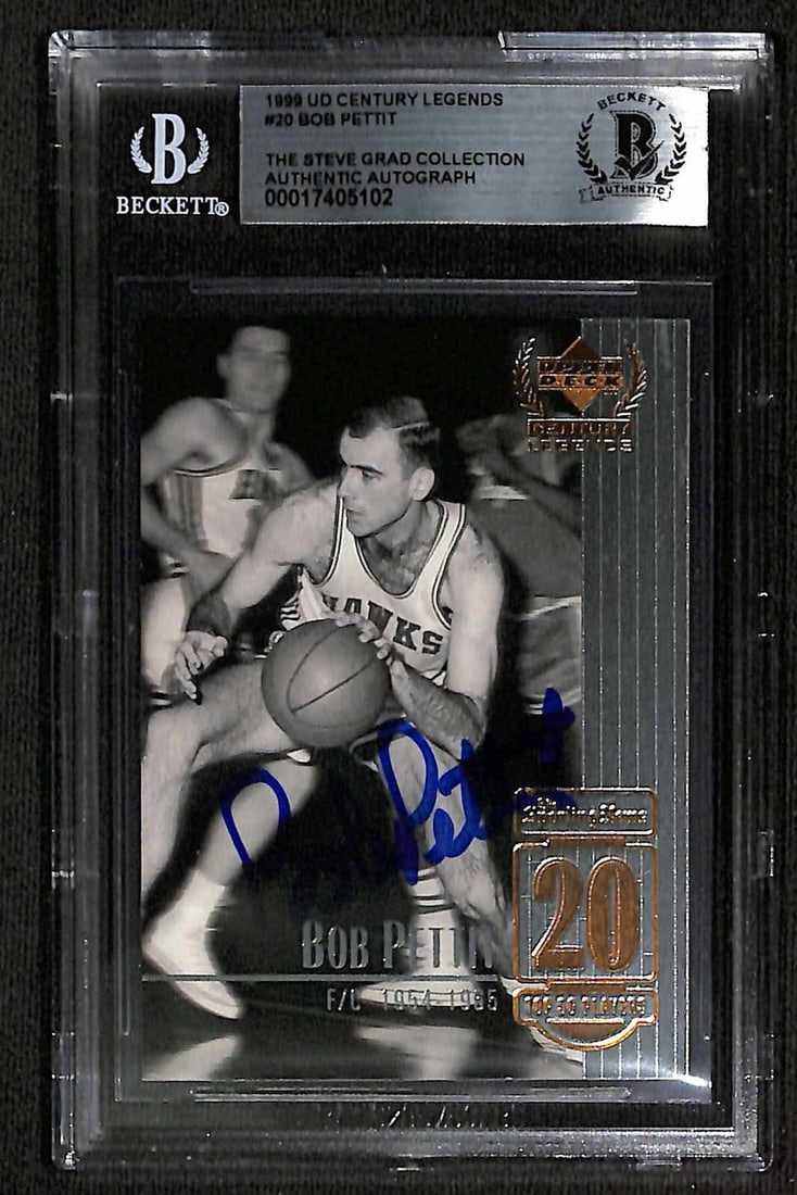 Bob Pettit Signed 1999 Upper Deck Century Legends #20 Beckett Authenticated Card: Bob Pettit Signed 1999 Upper Deck Century Legends #20 Beckett Authenticated Card This is an autographed 1999 Upper Deck Century Legends #20 sports trading card featuring Hall of Famer Bob Pettit, the