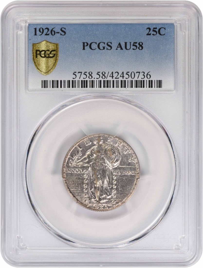 PCGS AU58 1926 San Francisco Standing Liberty 25C Silver Quarter: PCGS AU58 1926 San Francisco Standing Liberty 25C Silver Quarter This 1926-S Standing Liberty Quarter is graded AU58 by PCGS and features a design by Hermon A. Mac Neil. Minted in San Francisco, this
