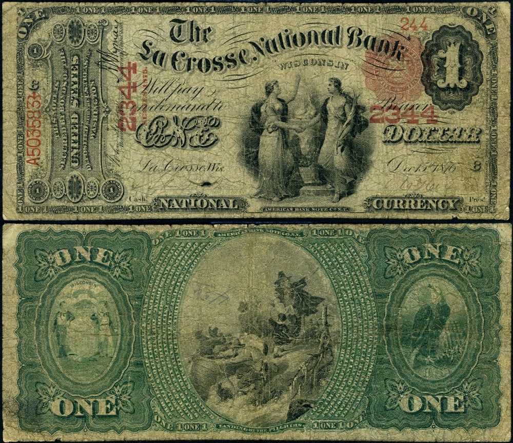 1875 LaCrosse WI $1 National Bank Note Ch #2344 Circulated: 1875 LaCrosse WI $1 National Bank Note Ch #2344 Circulated This 1875 National Bank Note from LaCrosse, Wisconsin, features a denomination of $1 and is graded as Fine. The note has been circulated and