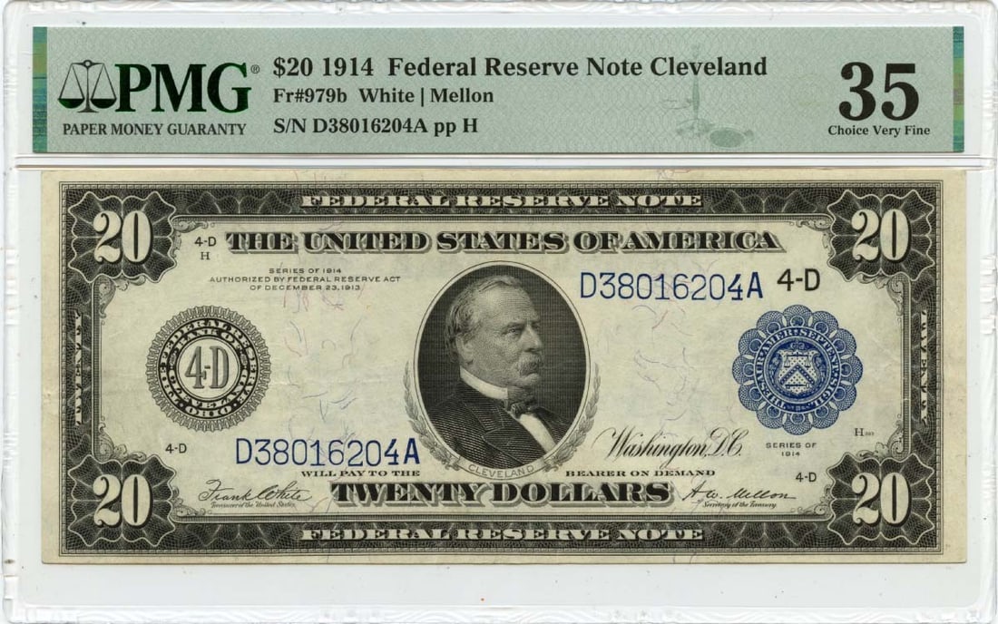 1914 Cleveland $20 Federal Reserve Note PMG VF35 Graded Currency: 1914 Cleveland $20 Federal Reserve Note PMG VF35 Graded Currency This is a 1914 $20 Federal Reserve Note from Cleveland, designated FR#979b. The note has been certified by PMG with a grade of VF35 Cho
