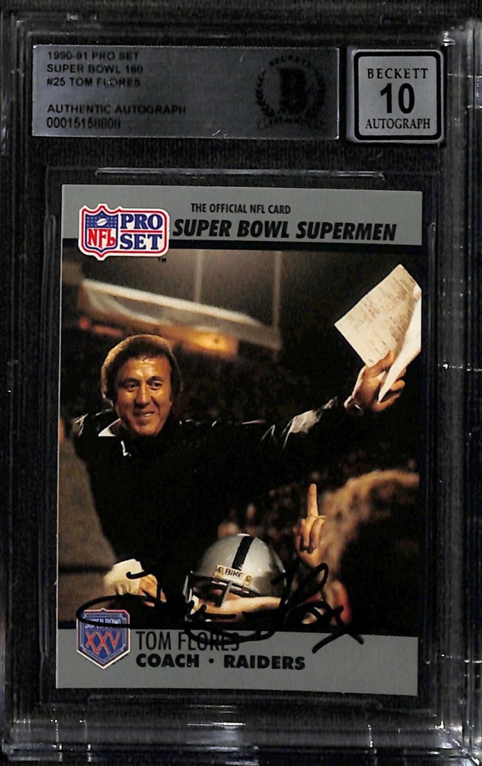 Tom Flores Signed 1990-91 Pro Set Super Bowl 160 Card Grade 10 Beckett: Tom Flores Signed 1990-91 Pro Set Super Bowl 160 Card Grade 10 Beckett This is an autographed 1990-91 Pro Set Super Bowl 160 #25 trading card signed by Tom Flores, the legendary Oakland Raiders coach
