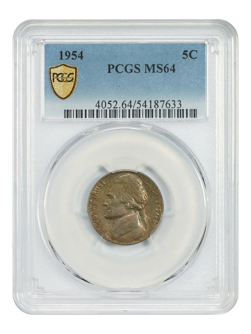 1954 Philadelphia Jefferson Nickel Five Cent Coin PCGS MS64: 1954 Philadelphia Jefferson Nickel Five Cent Coin PCGS MS64 This is a 1954 Jefferson Nickel graded MS64 by PCGS. The coin is uncirculated and was minted in Philadelphia. It features the 5-cent denomin