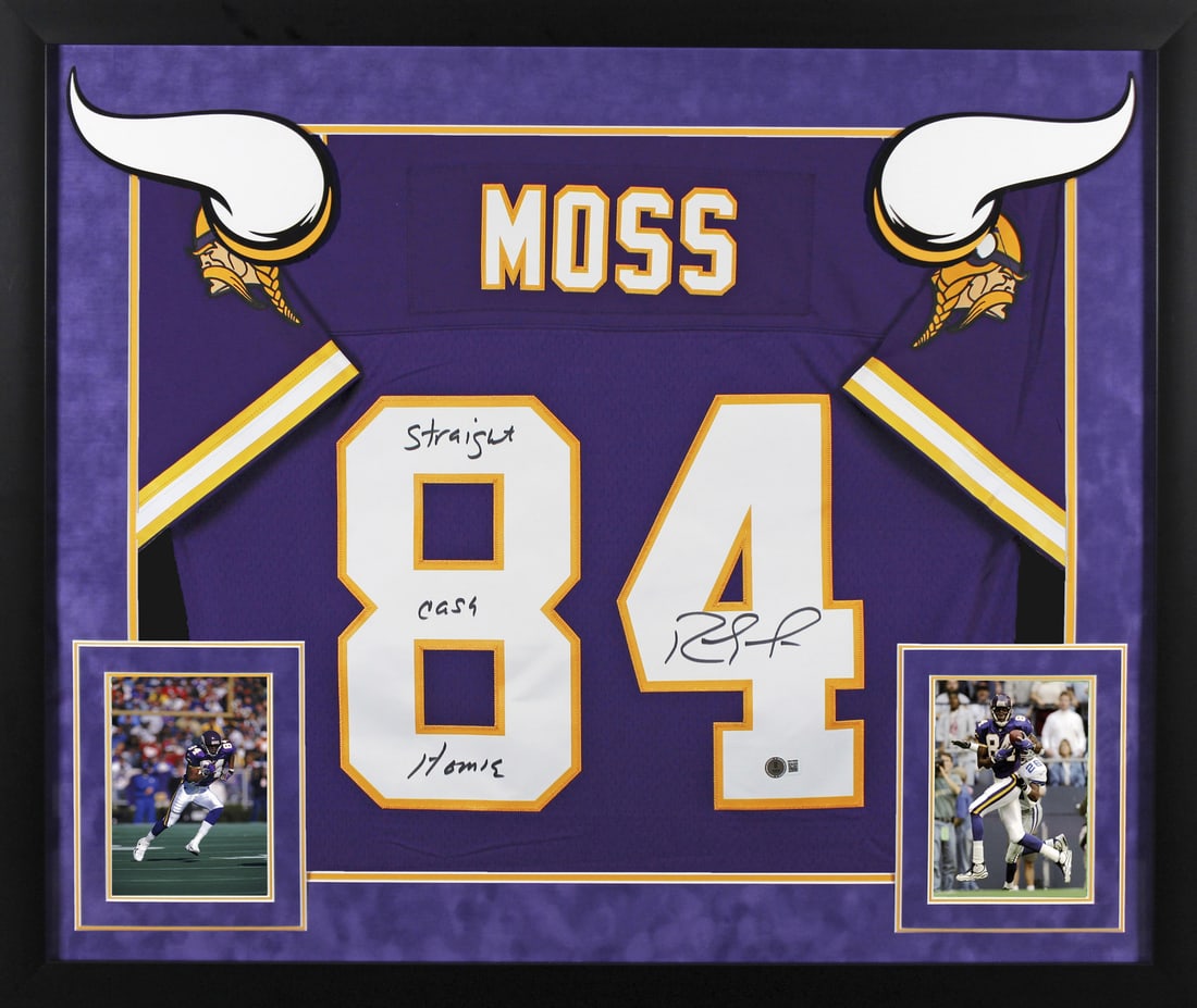 Randy Moss Signed Purple Vikings Jersey with Straight Cash Homie Inscription BAS: Randy Moss Signed Purple Vikings Jersey with Straight Cash Homie Inscription BAS Celebrate a legendary player with this autographed purple 1998 Mitchell & Ness throwback jersey featuring Randy Moss of