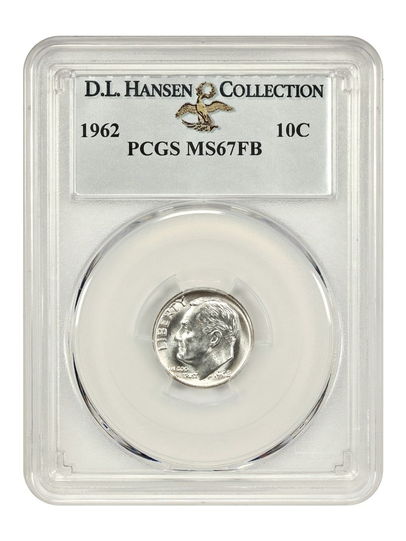 PCGS MS67FB 1962 Roosevelt Dime Ex D L Hansen Lustrous 10C: PCGS MS67FB 1962 Roosevelt Dime Ex D L Hansen Lustrous 10C This 1962 Roosevelt Dime is graded MS67FB by PCGS, indicating a high-quality, uncirculated coin with full bands on the torch. Minted in Phila