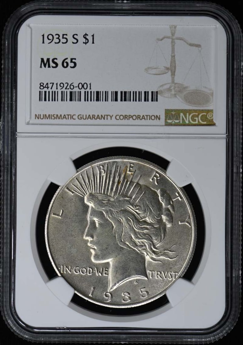 NGC MS65 1935 San Francisco Peace Silver Dollar Coin: NGC MS65 1935 San Francisco Peace Silver Dollar Coin This 1935-S Peace Dollar is a United States silver coin minted in San Francisco and graded MS65 by NGC. It is uncirculated and features the iconic