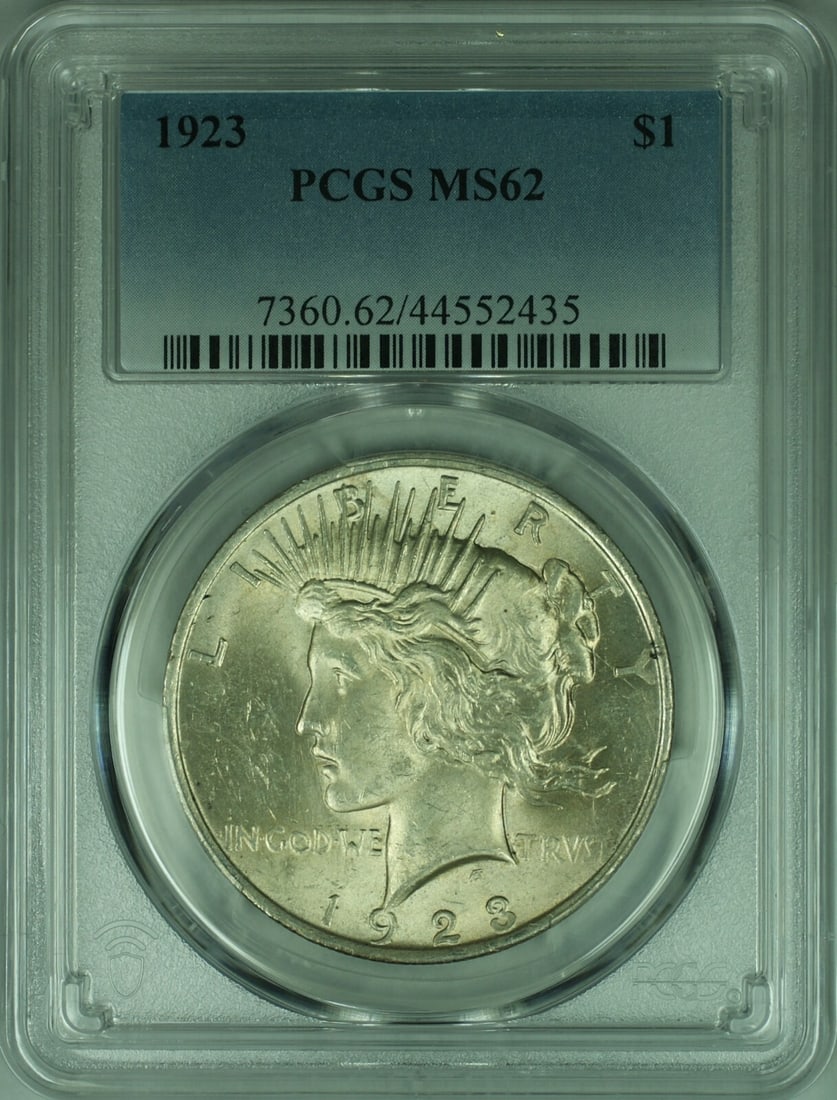 1923 PCGS MS62 Peace Dollar Silver Coin from Philadelphia Mint: 1923 PCGS MS62 Peace Dollar Silver Coin from Philadelphia Mint This 1923 Peace Silver Dollar is certified by PCGS with a grade of MS-62. Struck at the Philadelphia Mint, the coin is composed of silver