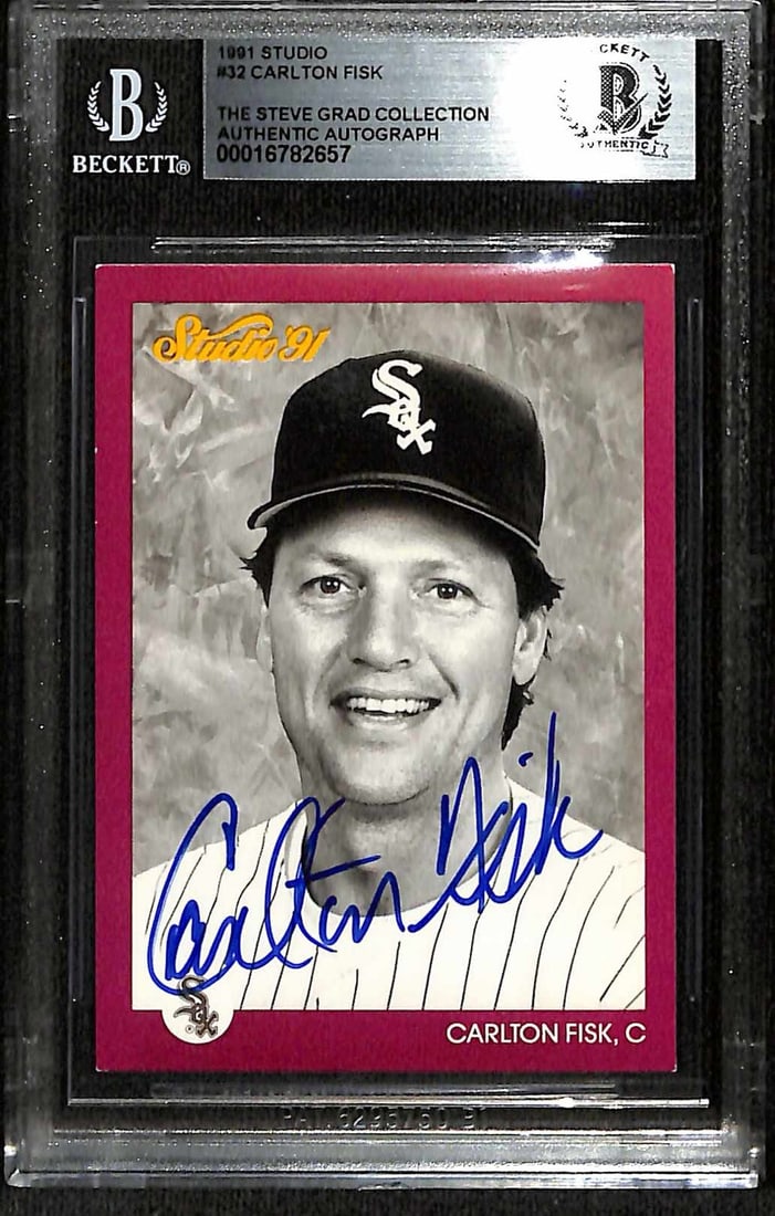 Carlton Fisk 1991 Studio #32 Signed Baseball Card Beckett Authenticated: Carlton Fisk 1991 Studio #32 Signed Baseball Card Beckett Authenticated This is an authentic autographed 1991 Studio #32 trading card signed by legendary Chicago White Sox catcher Carlton Fisk. The au