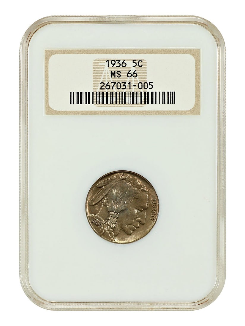 1936 Buffalo Nickel NGC MS66 Uncirculated 5C Coin: 1936 Buffalo Nickel NGC MS66 Uncirculated 5C Coin This stunning 1936 Buffalo Nickel, certified by NGC with a grade of MS66, is a remarkable addition for any coin collector. This uncirculated nickel, m