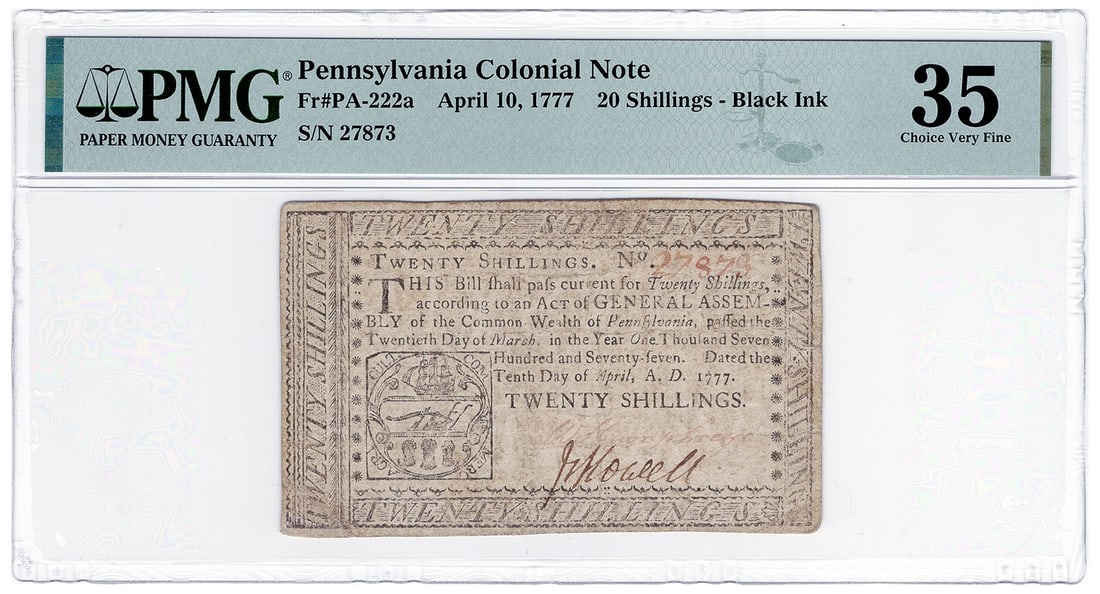 1777 Pennsylvania Colonial 20 Shillings PMG Choice VF35: 1777 Pennsylvania Colonial 20 Shillings PMG Choice VF35 This is a 20 Shillings note from Pennsylvania, dated April 10, 1777. It is certified by PMG with a grade of Choice VF35, indicating its conditio