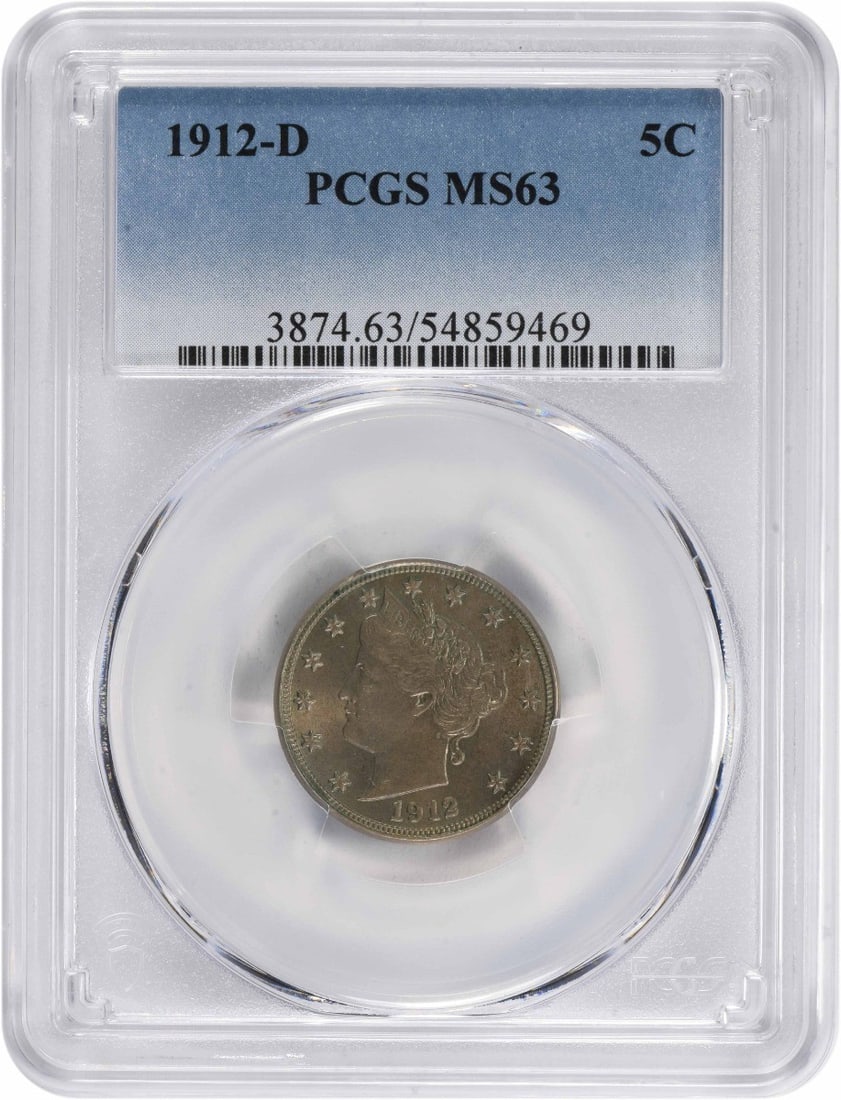 1912-D Liberty Nickel MS63 PCGS 5C Denver Coin: 1912-D Liberty Nickel MS63 PCGS 5C Denver Coin This 1912-D Liberty Nickel is graded MS63 by PCGS, indicating it is in a high state of preservation despite being circulated. The coin was minted in Denv
