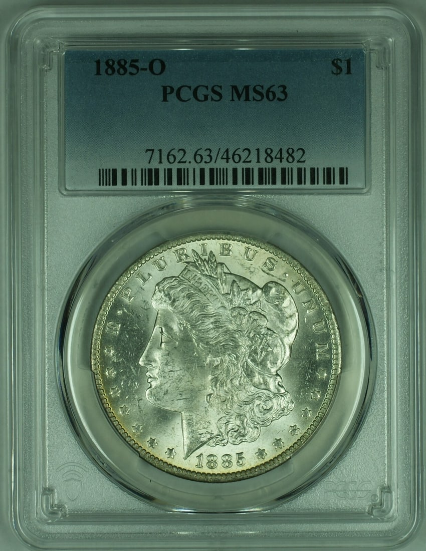 PCGS MS-63 1885-O New Orleans Morgan Dollar Silver Coin: PCGS MS-63 1885-O New Orleans Morgan Dollar Silver Coin This is an 1885-O Morgan Silver Dollar graded MS-63 by PCGS. Minted in New Orleans, this uncirculated coin is composed of 90% silver and has a d