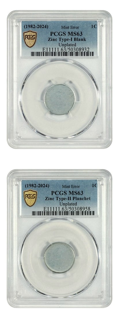 PCGS MS63 Lincoln Cent Error Set Zinc Blank and Planchet Unplated Pair: PCGS MS63 Lincoln Cent Error Set Zinc Blank and Planchet Unplated Pair This offering features a matched set of mint error Lincoln Cents (Modern), both graded MS63 by PCGS and originating from the Phil