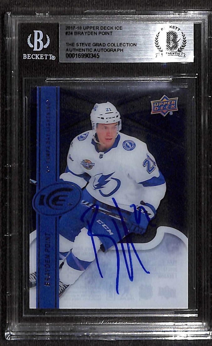 Brayden Point Signed 2017-18 Upper Deck Ice #24 Card Beckett Authenticated: Brayden Point Signed 2017-18 Upper Deck Ice #24 Card Beckett Authenticated This is an original autographed sports trading card featuring Brayden Point, the center for the Tampa Bay Lightning. The card