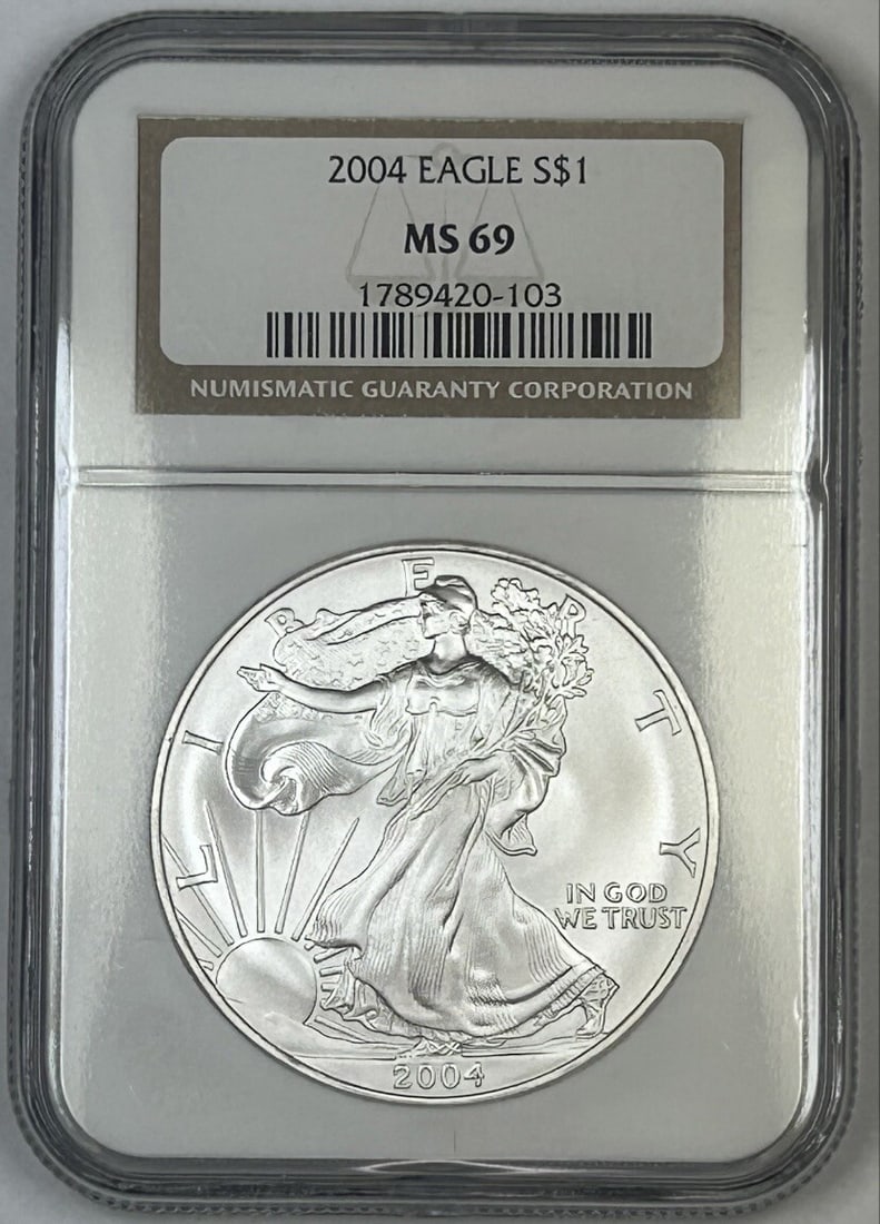 NGC MS 69 2004 Silver Eagle Dollar Coin United States: NGC MS 69 2004 Silver Eagle Dollar Coin United States This 2004 American Silver $1 Eagle coin is graded MS 69 by NGC and is composed of silver. Issued by the United States, it has a denomination of $1