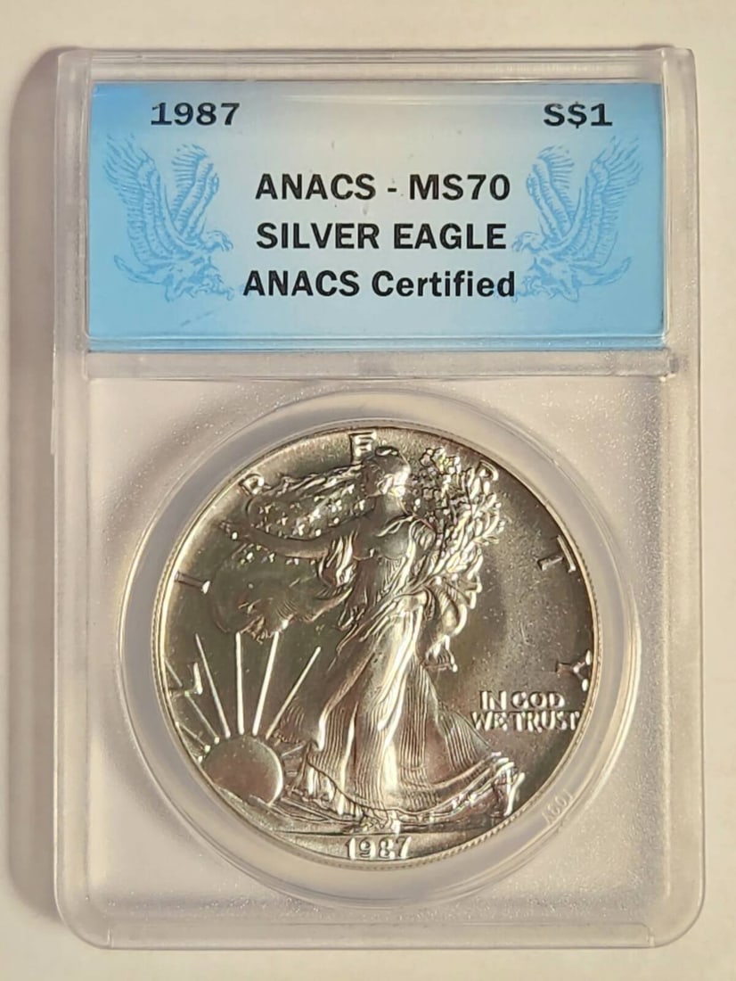 1987 Silver Eagle ANACS MS-70 Uncirculated Philadelphia Coin: 1987 Silver Eagle ANACS MS-70 Uncirculated Philadelphia Coin This 1987 Silver Eagle coin, certified by ANACS, boasts an impressive MS-70 grade, indicating it is in uncirculated condition. Minted in Ph
