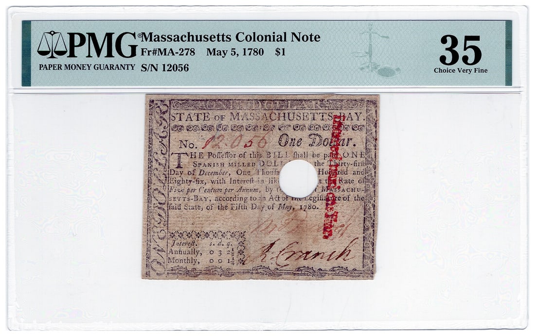 $1 Massachusetts Colonial Note FR MA-278 May 5 1780 PMG Choice VF35: $1 Massachusetts Colonial Note FR MA-278 May 5 1780 PMG Choice VF35 This is a Massachusetts Colonial Note, denomination $1, dating back to May 5, 1780. It has been certified by PMG with a grade of Cho