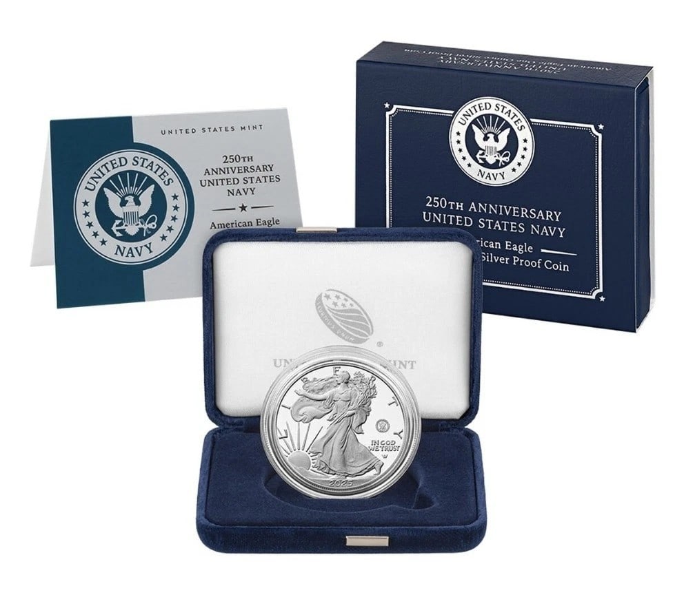 2025 American Eagle Silver Dollar Proof with Navy Privy OGP COA 250th Anniversary: 2025 American Eagle Silver Dollar Proof with Navy Privy OGP COA 250th Anniversary This is a 2025-S American Silver Eagle $1 coin featuring a special NAVY privy mark. The coin is struck in proof qualit