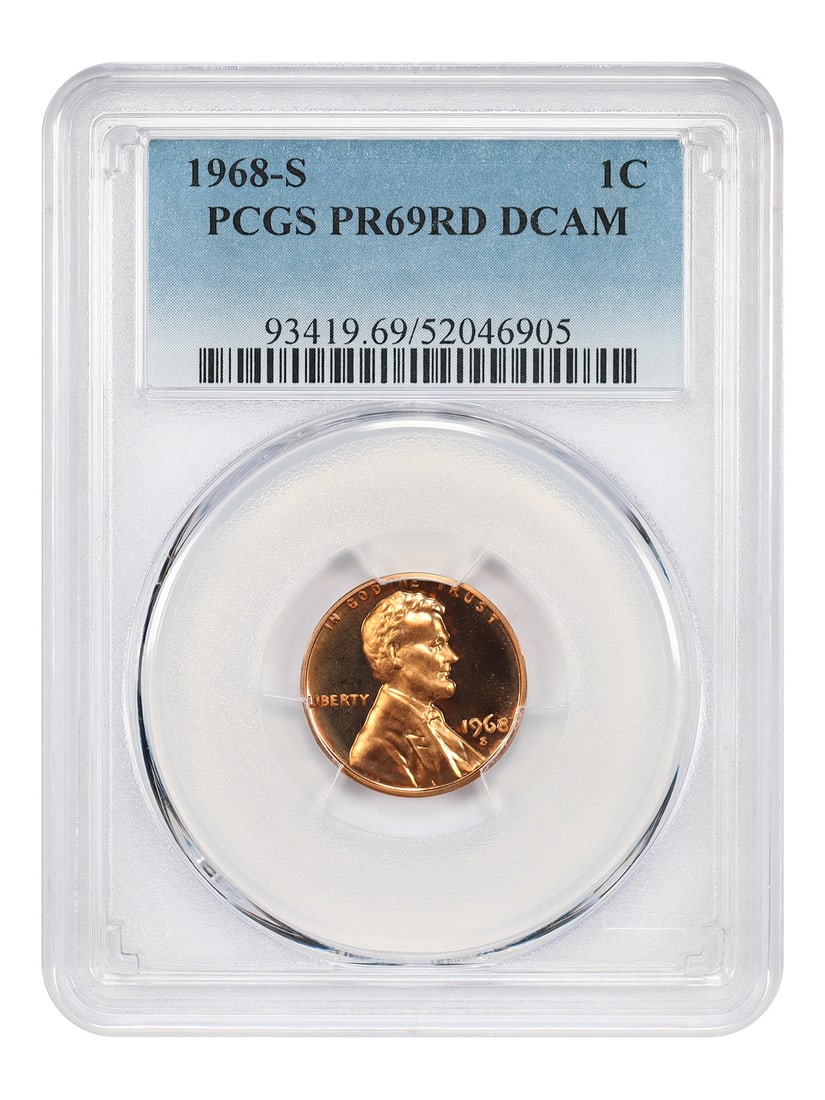 PCGS PR69RD DCAM Lincoln Cent 1968-S Proof One Cent Coin: PCGS PR69RD DCAM Lincoln Cent 1968-S Proof One Cent Coin This is a 1968-S Lincoln Cent (Modern) graded PR69RD DCAM by PCGS. The coin features a deep cameo proof strike and is certified as uncirculated