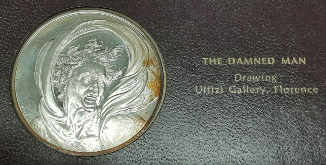The Damned Man .925 Silver Medal from Genius of Michelangelo Series: The Damned Man .925 Silver Medal from Genius of Michelangelo Series This Franklin Mint Genius of Michelangelo proof medal, titled 'The Damned Man,' was produced in 1970 as part of a commemorative silv