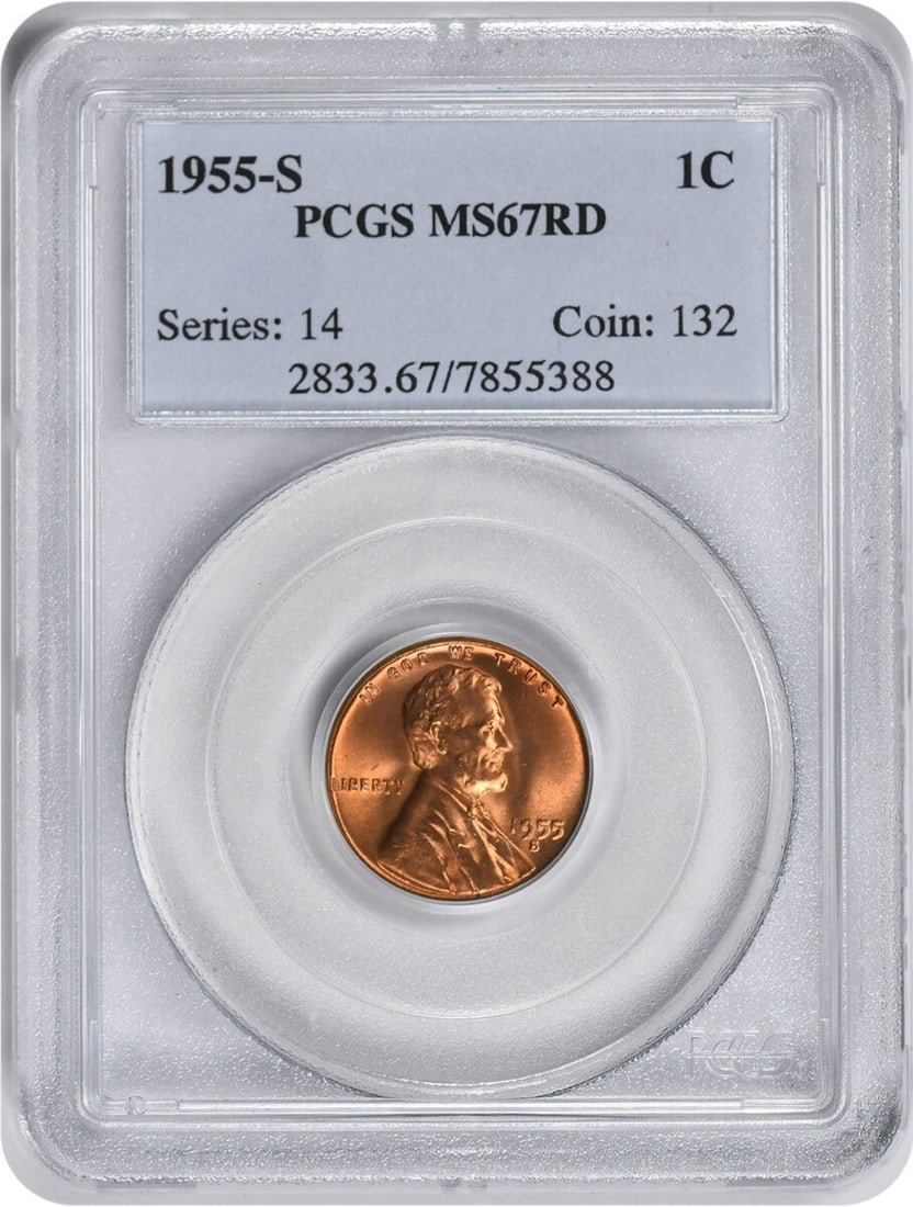 1955-S Lincoln Cent MS67RD PCGS Uncirculated Copper Coin: 1955-S Lincoln Cent MS67RD PCGS Uncirculated Copper Coin This stunning 1955-S Lincoln Cent, graded MS67RD by PCGS, showcases exceptional quality and detail as an uncirculated coin. Minted in San Franc