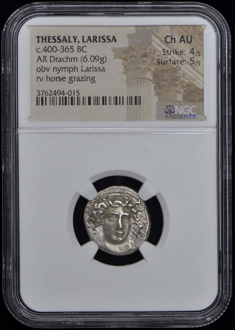 Ancient Greek AR Drachm 400-365 BC NGC AU55 Larissa Nymph Horse: Ancient Greek AR Drachm 400-365 BC NGC AU55 Larissa Nymph Horse This ancient Greek drachm dates back to approximately 400-365 BC and originates from Thessaly, specifically Larissa. It features a beaut