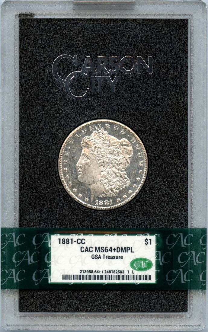 MS64+DMPL 1881 Carson City Morgan Silver Dollar GSA Hoard CACG CAC: MS64+DMPL 1881 Carson City Morgan Silver Dollar GSA Hoard CACG CAC This 1881-CC Morgan Dollar from the GSA Hoard is graded MS64+DMPL by CACG and features the Carson City mint mark. The coin remains un