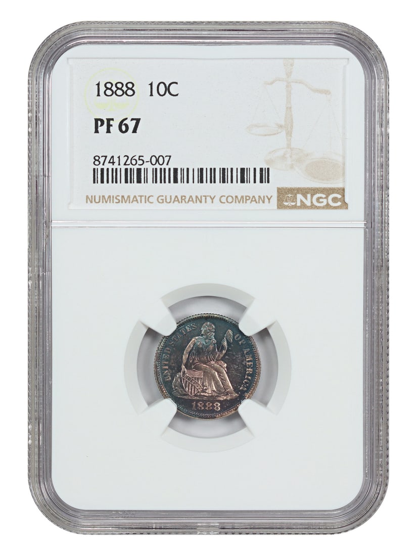 1888 Proof Liberty Seated Dime NGC Graded PR67: 1888 Proof Liberty Seated Dime NGC Graded PR67 This 1888 Liberty Seated Dime is a proof issue graded PR67 by NGC, signifying its exceptional quality and uncirculated condition. With a low mintage of j