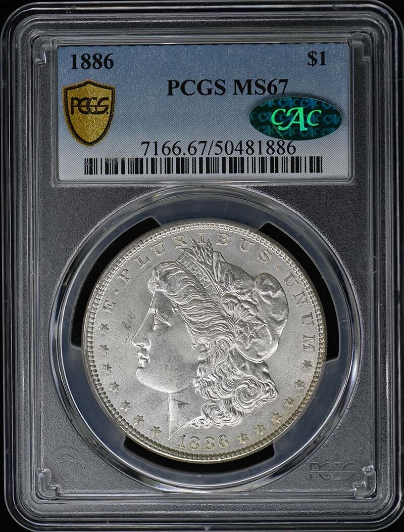 1886 Morgan Dollar PCGS MS67 CAC Certified Uncirculated: 1886 Morgan Dollar PCGS MS67 CAC Certified Uncirculated This 1886 $1 Morgan Dollar is graded MS67 by PCGS, ensuring its exceptional quality as an uncirculated piece. Struck at the Philadelphia Mint, t
