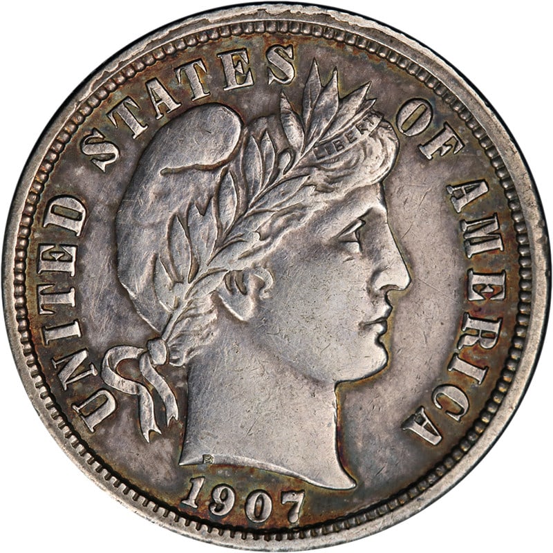 1907 San Francisco Barber Dime Silver AU BU Details Strong Strike: 1907 San Francisco Barber Dime Silver AU BU Details Strong Strike This 1907-S Barber Dime features attractive eye appeal and a strong strike. The coin displays decent color and surfaces, with evidence