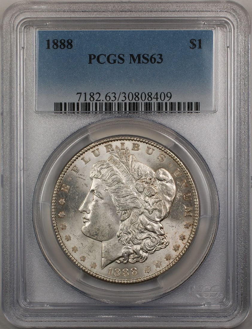 PCGS MS63 1888 Silver Morgan Dollar Uncirculated Philadelphia Mint: PCGS MS63 1888 Silver Morgan Dollar Uncirculated Philadelphia Mint This 1888 Morgan Silver Dollar is a $1 coin issued by the United States and certified by PCGS with a grade of MS 63. The coin is unci
