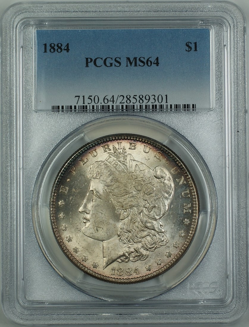 PCGS MS-64 1884 Silver Morgan Dollar Philadelphia Rim Toned: PCGS MS-64 1884 Silver Morgan Dollar Philadelphia Rim Toned This 1884 Morgan Silver Dollar coin is certified by PCGS with a grade of MS-64, indicating a high-quality, uncirculated condition. Minted in