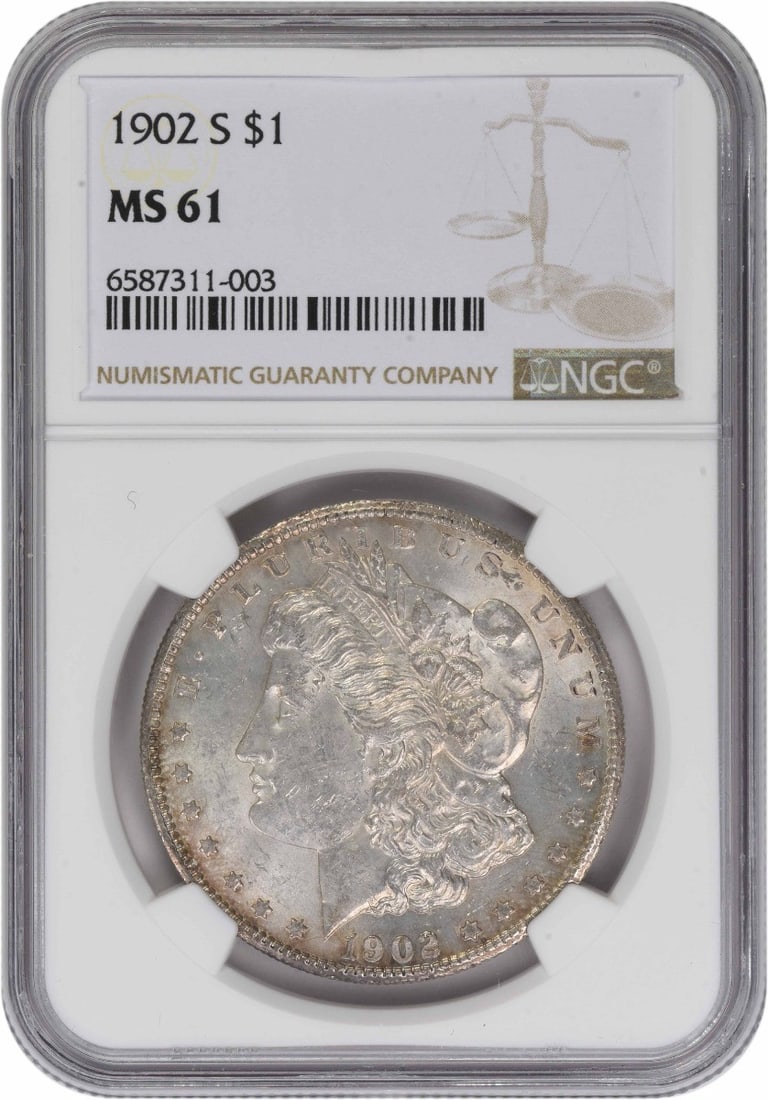 NGC MS61 1902 San Francisco Morgan Dollar 90 Percent Silver: NGC MS61 1902 San Francisco Morgan Dollar 90 Percent Silver This 1902-S Morgan Silver Dollar is certified by NGC with a grade of MS61. Struck at the San Francisco Mint, this coin is composed of 90% si