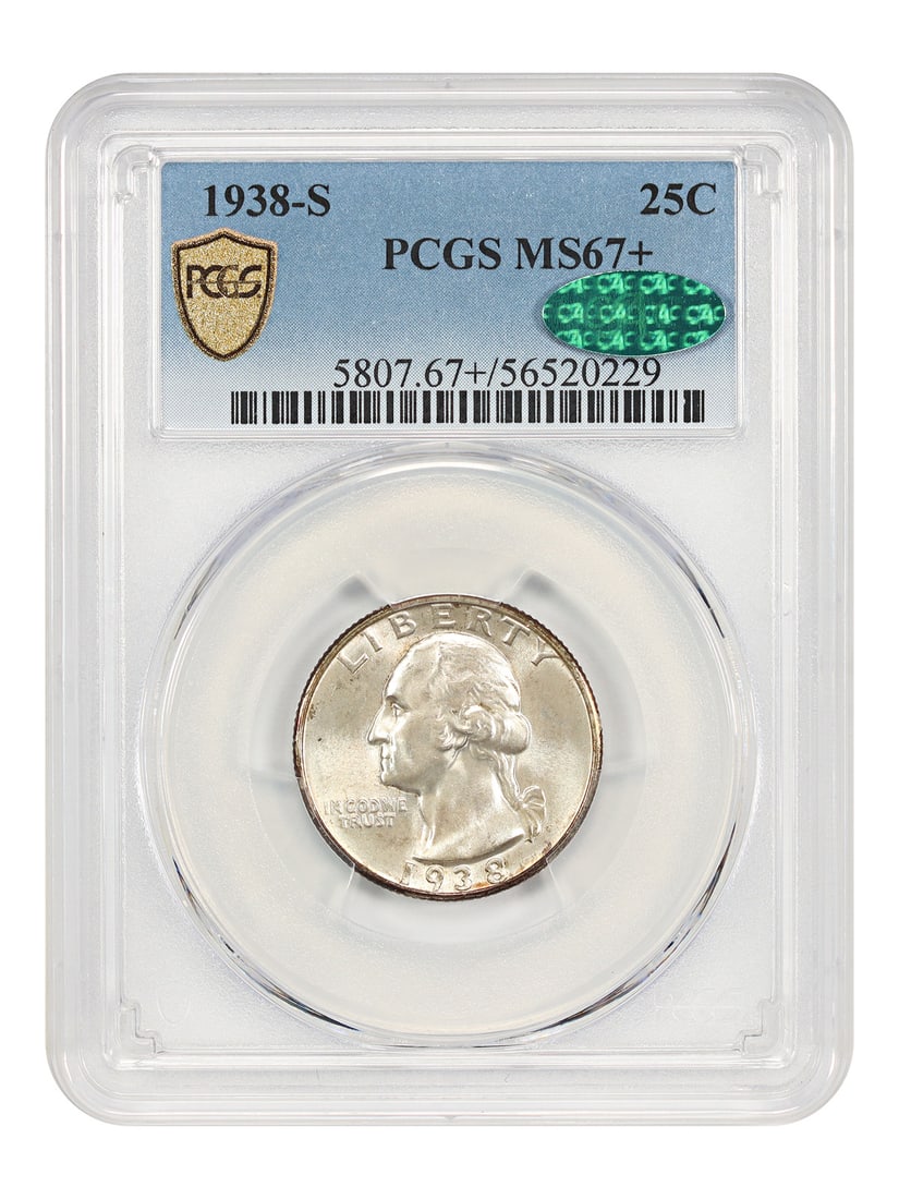 1938 San Francisco Washington Quarter PCGS CAC MS67 Plus Uncirculated: 1938 San Francisco Washington Quarter PCGS CAC MS67 Plus Uncirculated This 1938-S Washington Quarter is certified by PCGS with a grade of MS67+ and features CAC approval. Minted in San Francisco, this
