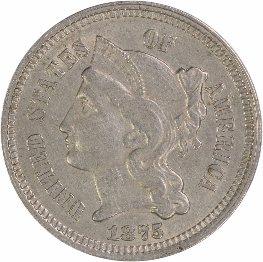 AU Grade 1875 Three Cent Nickel Coin Uncertified United States: AU Grade 1875 Three Cent Nickel Coin Uncertified United States This 1875 Three Cent Nickel coin from the United States is an uncertified, pre-owned example graded as About Uncirculated (AU). Minted in