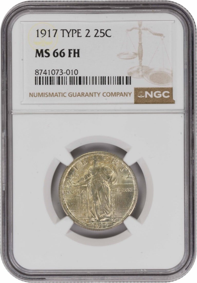 MS66FH 1917 Standing Liberty Quarter NGC Certified Silver Coin: MS66FH 1917 Standing Liberty Quarter NGC Certified Silver Coin This is a 1917 Standing Liberty Silver Quarter Type 2, certified by NGC with a grade of MS66FH. Struck at the Philadelphia Mint, this unc