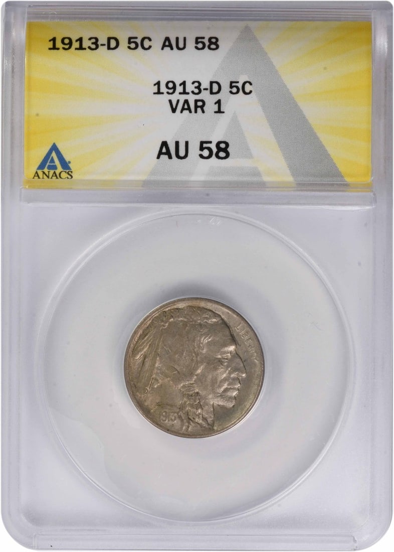 ANACS AU58 1913 Denver Mint Buffalo Nickel Type 1 Five Cent Coin: ANACS AU58 1913 Denver Mint Buffalo Nickel Type 1 Five Cent Coin This 1913-D Buffalo Nickel Type 1 is graded AU58 by ANACS. Minted in Denver, this coin features the classic Buffalo design by James Ear