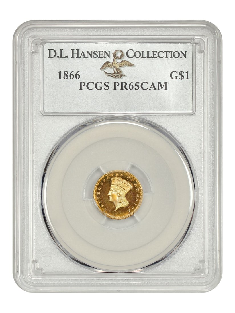 1866 G$1 Gold Dollar PCGS PR65CAM Ex D.L. Hansen Rare Coin: 1866 G$1 Gold Dollar PCGS PR65CAM Ex D.L. Hansen Rare Coin This stunning 1866 G$1 Gold Dollar is certified by PCGS with a PR65CAM grade, denoting its exceptional cameo appearance and uncirculated cond