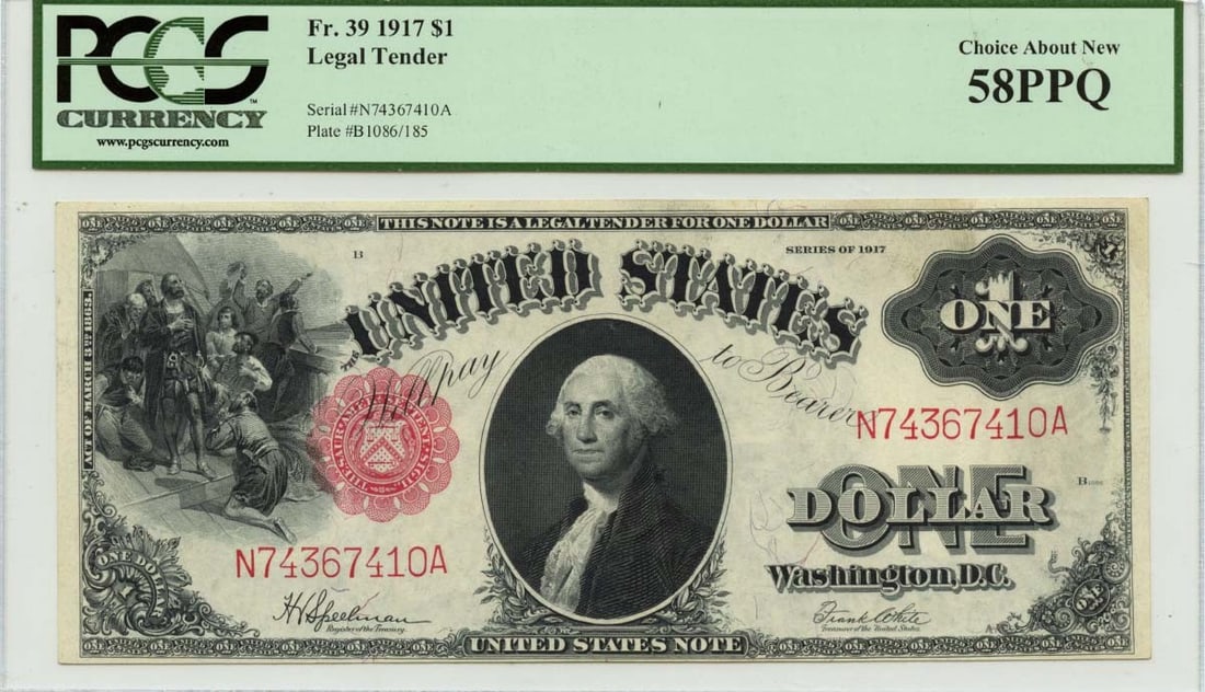 PCGS AU58 PPQ 1917 One Dollar Legal Tender FR39 Certified Note: PCGS AU58 PPQ 1917 One Dollar Legal Tender FR39 Certified Note This 1917 $1 Legal Tender Note, certified by PCGS as CH AU58 PPQ, features a high level of detail and quality. It is an excellent additio