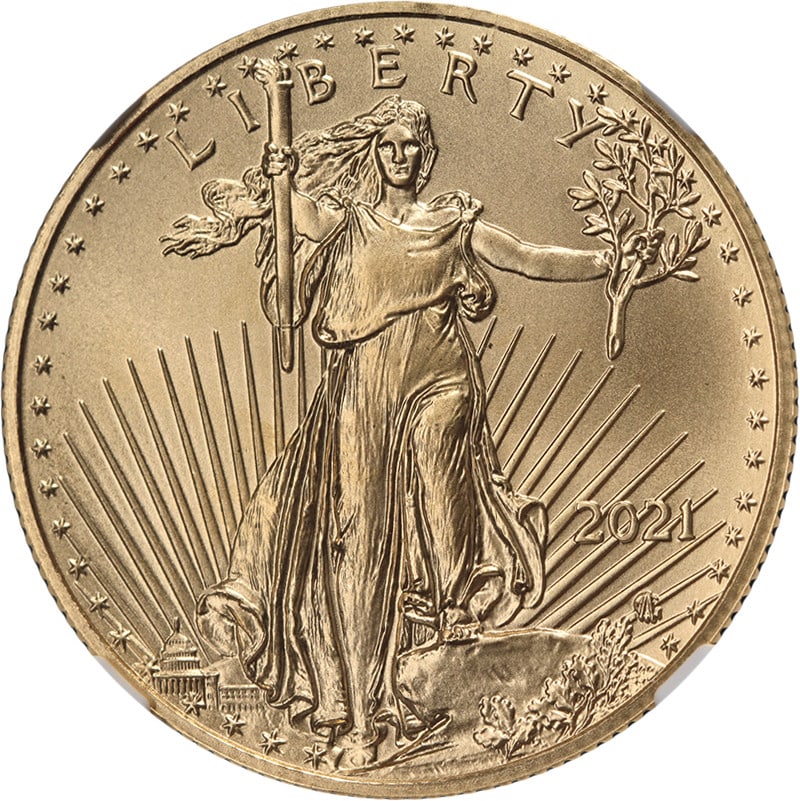 NGC MS70 2021 $25 Gold Eagle Type 2 Coin with Reagan Portrait Label: NGC MS70 2021 $25 Gold Eagle Type 2 Coin with Reagan Portrait Label This 2021 Gold American Eagle $25 Type 2 coin features a Ronald Reagan portrait label and has been graded MS70 by NGC, indicating a