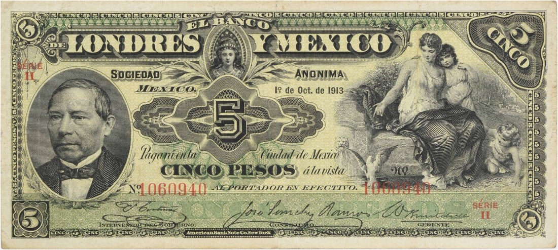 1913 Mexico 5 Pesos Banco de Londres S233D Circulated Banknote Uncertified: 1913 Mexico 5 Pesos Banco de Londres S233D Circulated Banknote Uncertified This is a 1913 Mexico Banco de Londres 5 Pesos banknote. The note is circulated and pre-owned, featuring the KM number S233D.